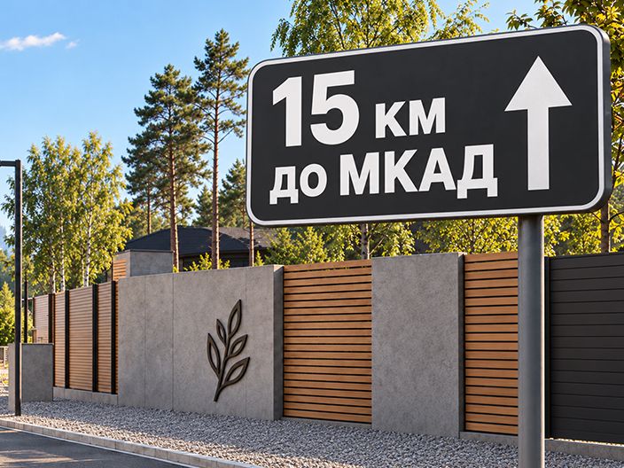 Окружение посёлка и указатель расстояния до МКАД.
