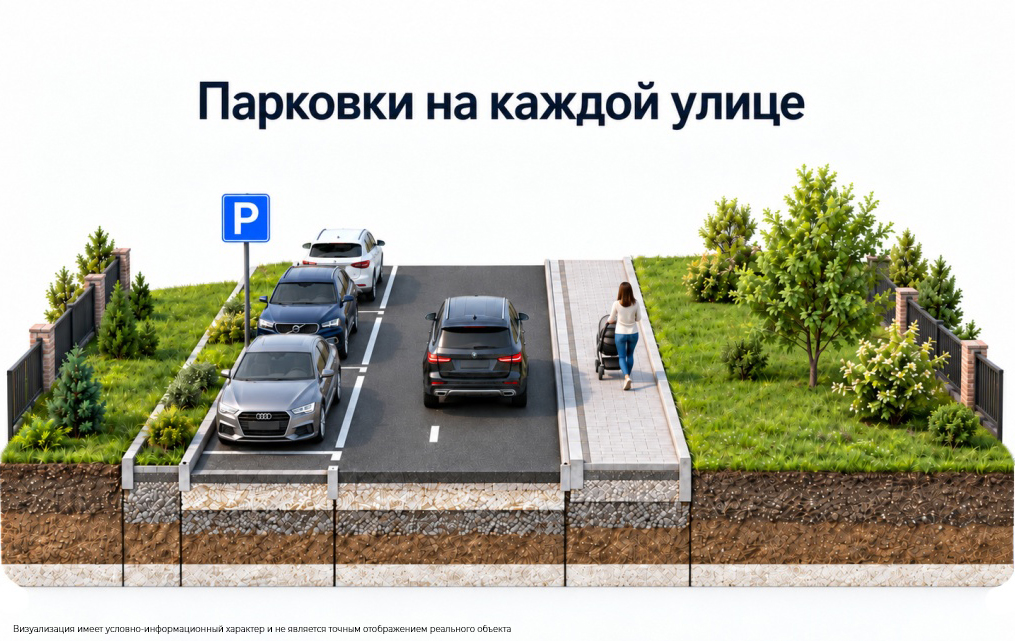 Сеть парковок на 3 машиноместа — иллюстрация дорожного профиля для Купавна Сити 2